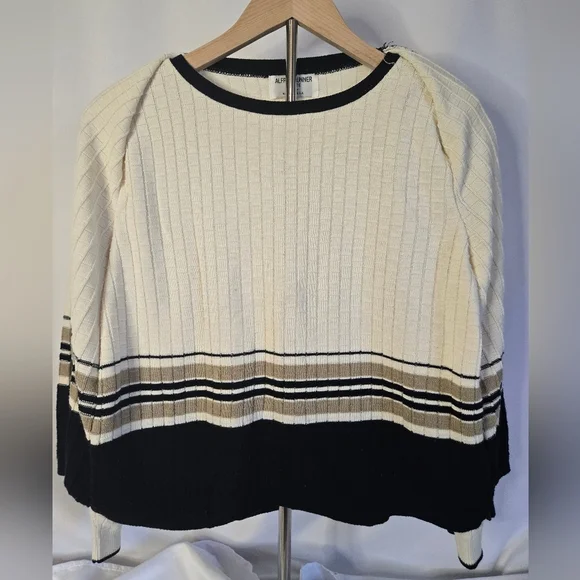 Retro Alfred Dunner Beige & Black Striped Pullover Sweater Top | Size M - Picture 3 of 5